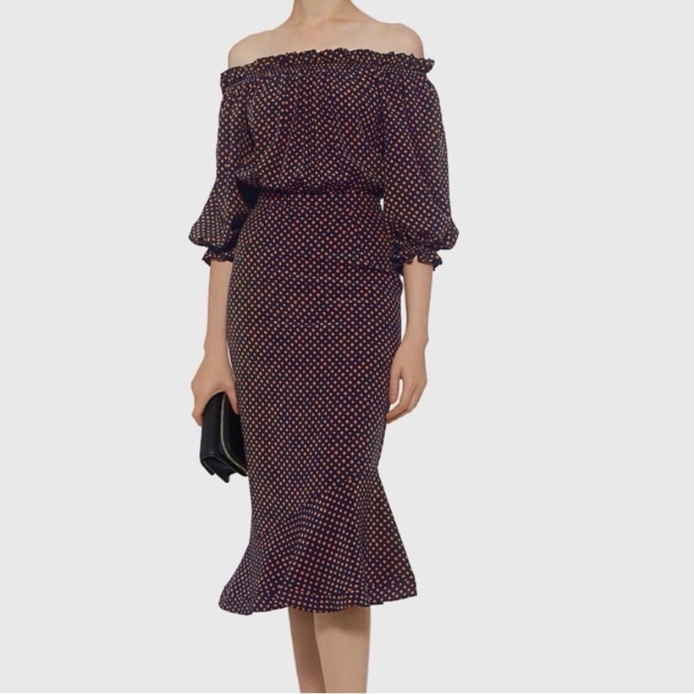 SALONI GRACE DRESS OFF SHOULDER NAVY BLUE ORANGE POLKA DOT MIDI WOMENS SZ 2